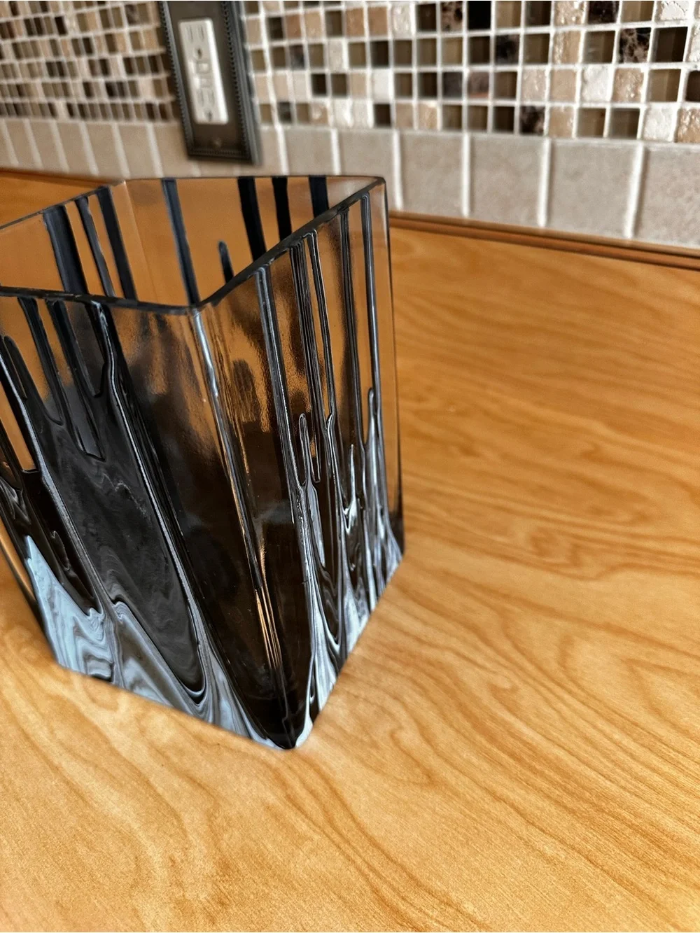 Handmade abstract acrylic painted Black, blue and Silver Swirl Glass Vase